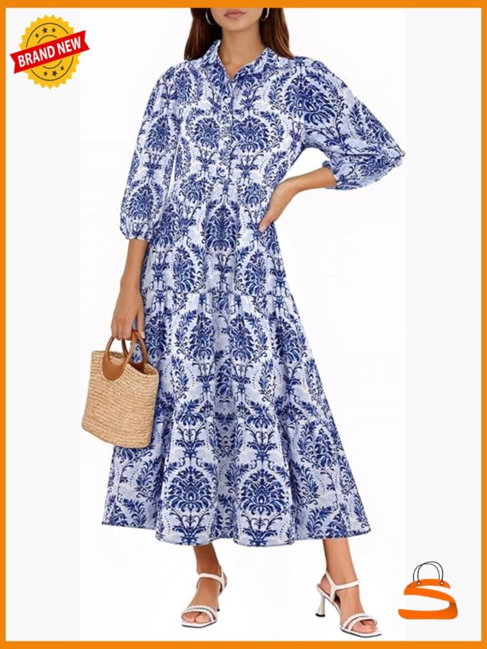 Bohemian 3/4 Sleeve Button Down Shirt Dress Flowy Maxi Tiered Collared